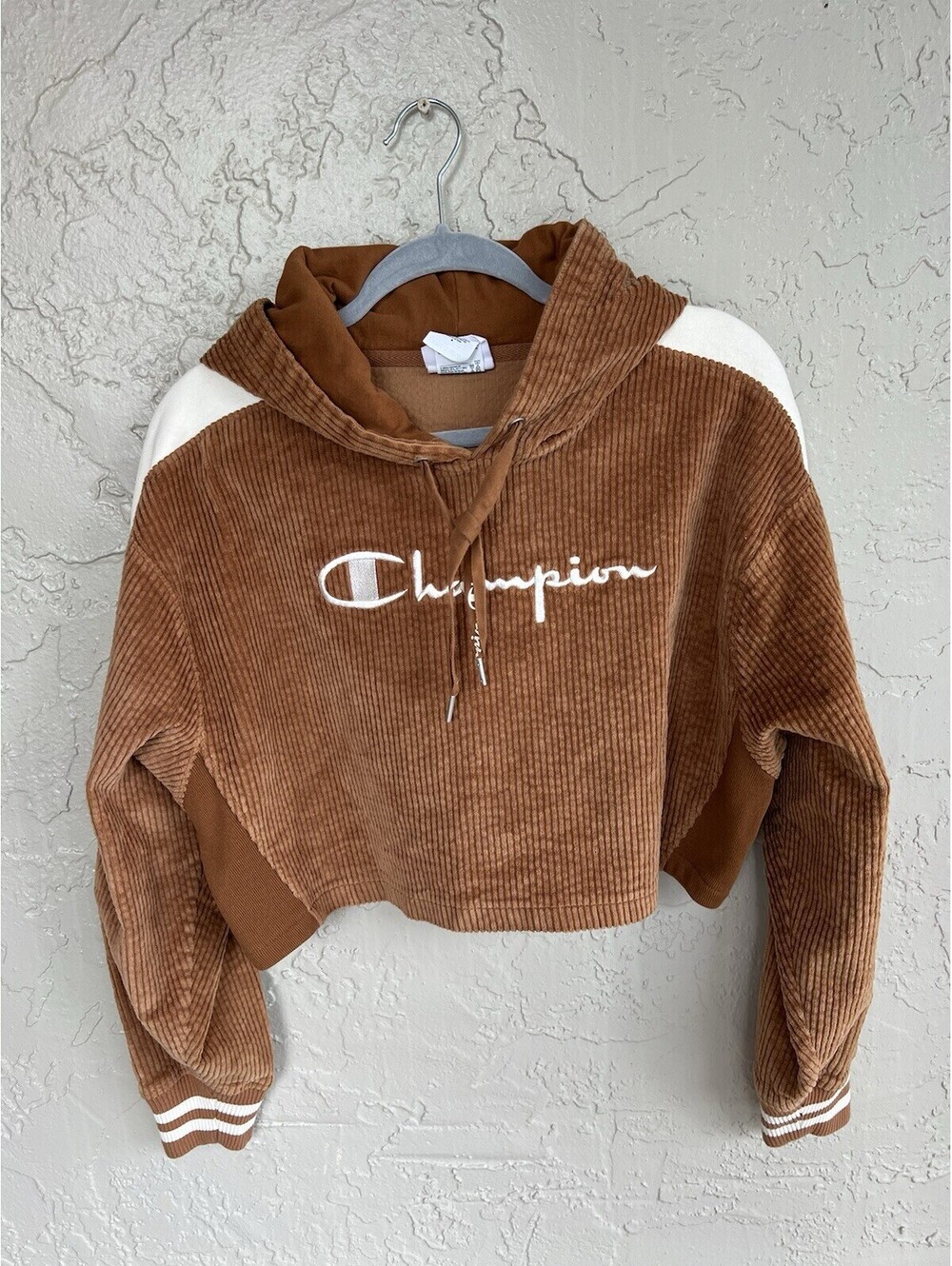 Champion Women’s M Brown Corduroy Cropped Hoodie Embroidered Logo Pullover